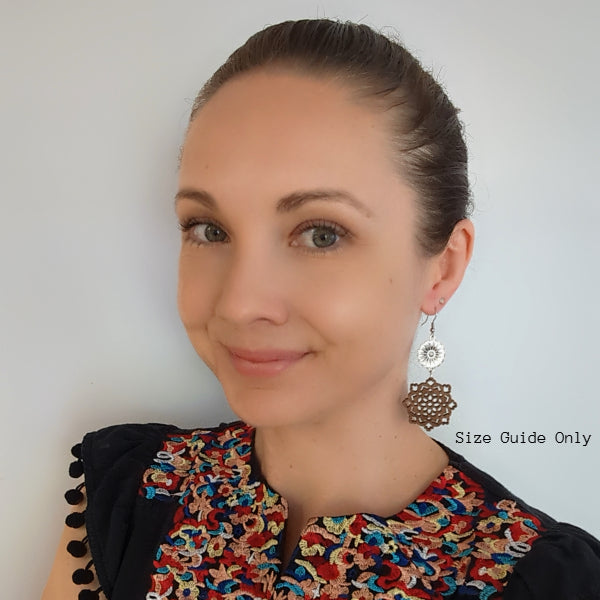 Women wearing Flora Dangles as a size guide.