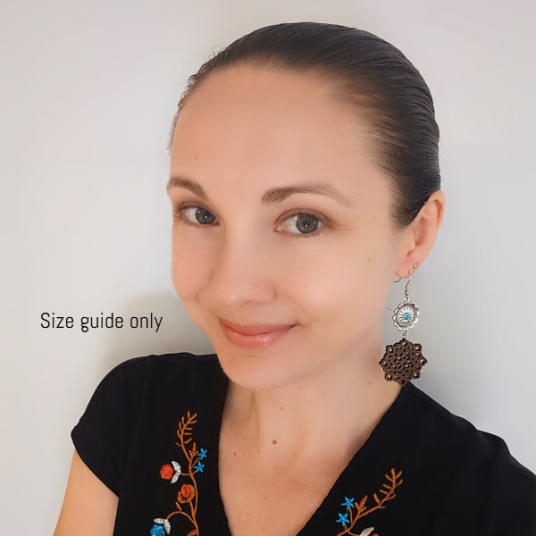 Women wearing Kalinda Dangles as a size guide.