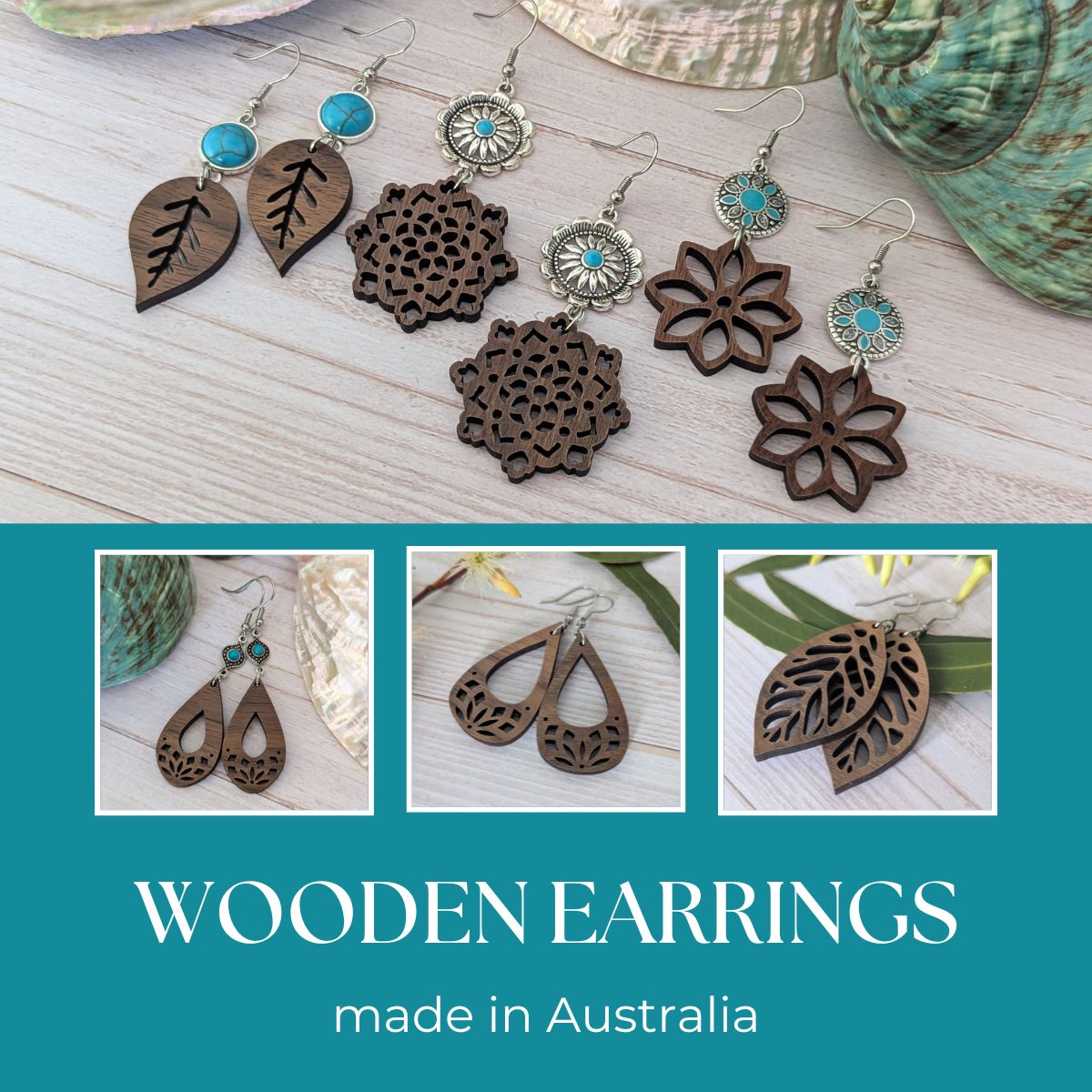 Collection image featuring a collage of wooden earring photos.