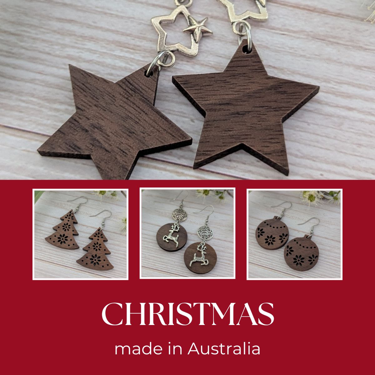 Wooden Christmas themed earrings.