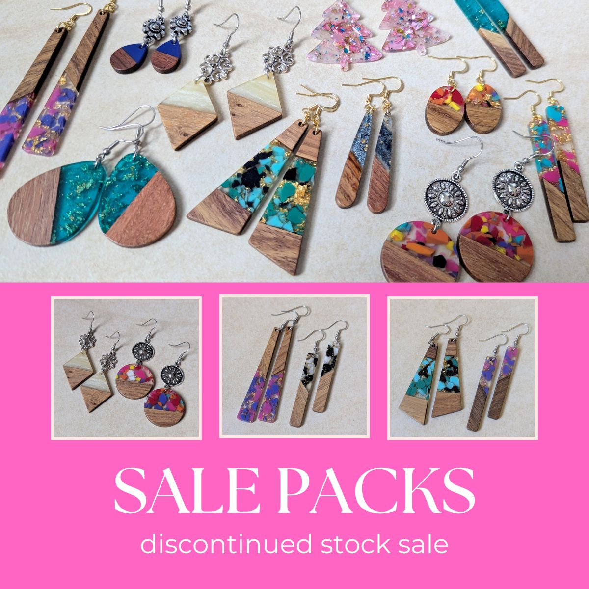 Wooden and resin earrings, discontinued stock sale.