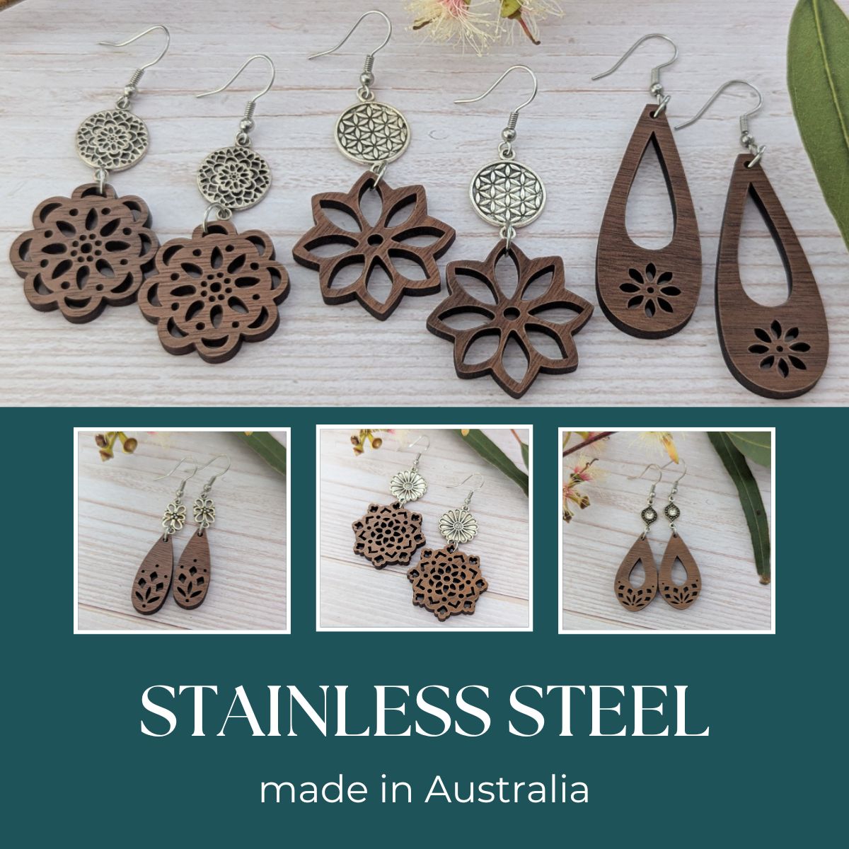 Wooden earrings with stainless steel hooks and jump rings.