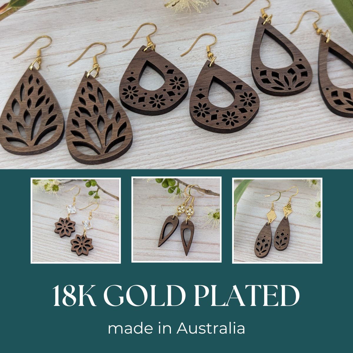 Wooden earrings with 18K gold plated stainless steel hooks and jump rings.