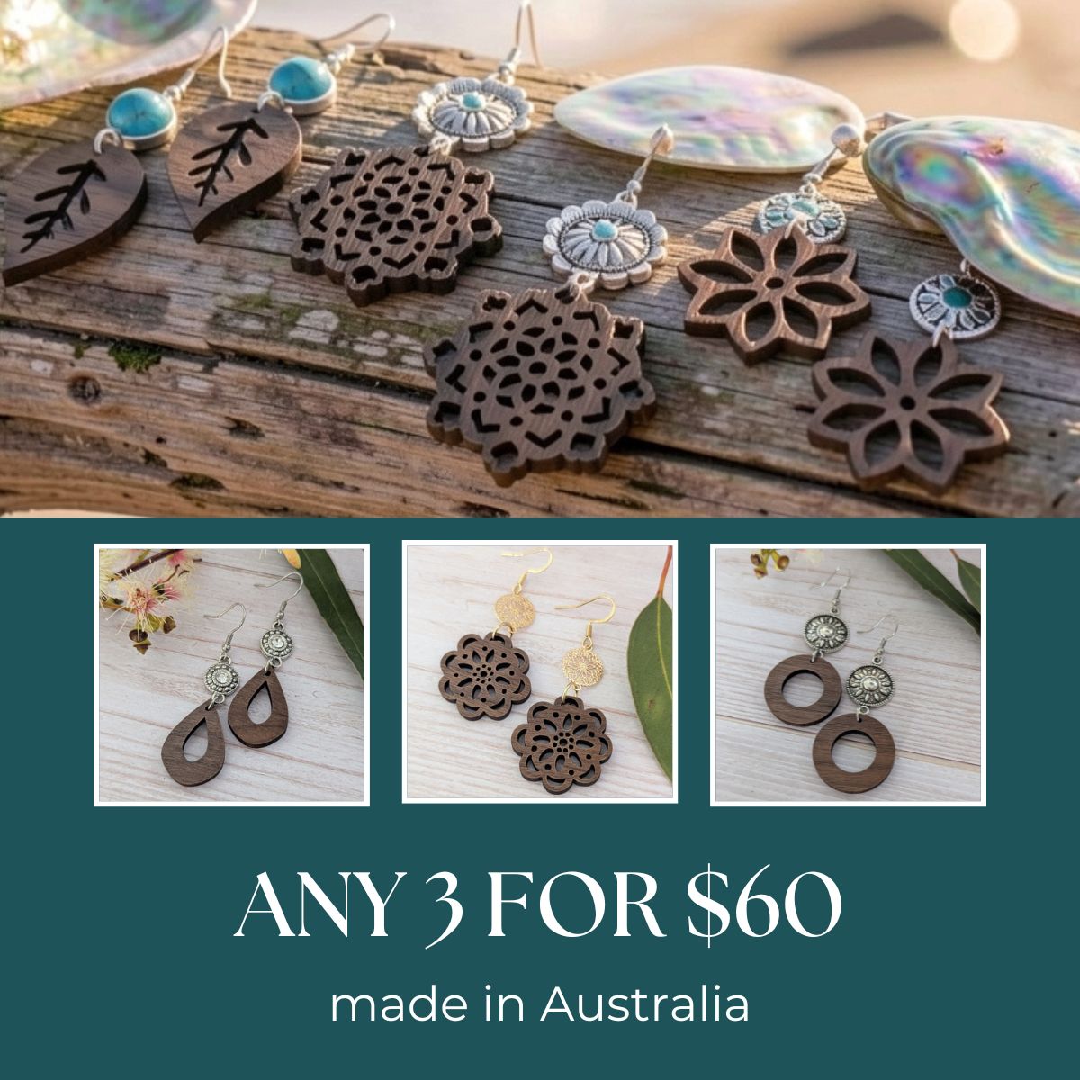Wooden earrings, any 3 pairs for $60