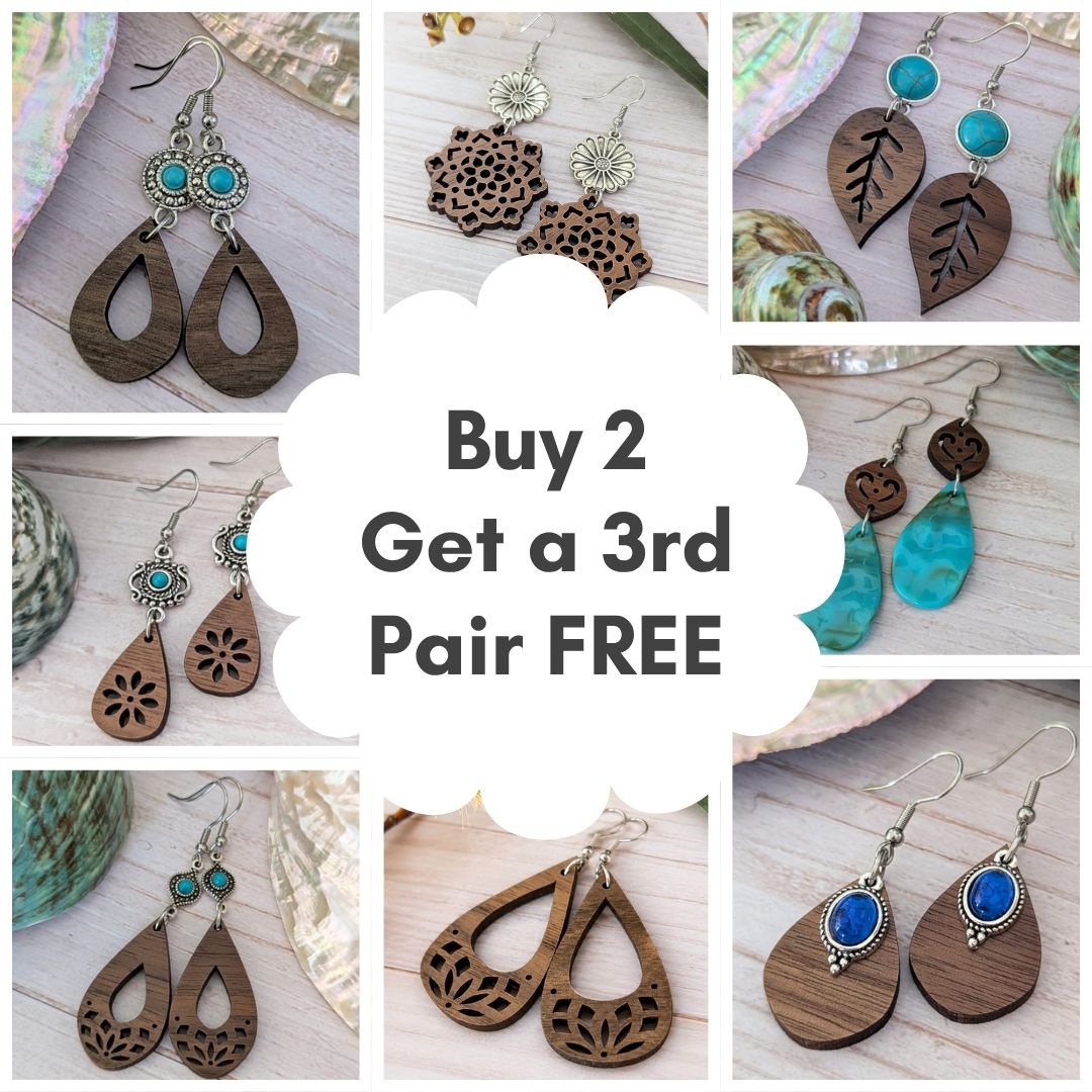 Collage of wooden earrings, wording Buy 2 get a 3rd pair free