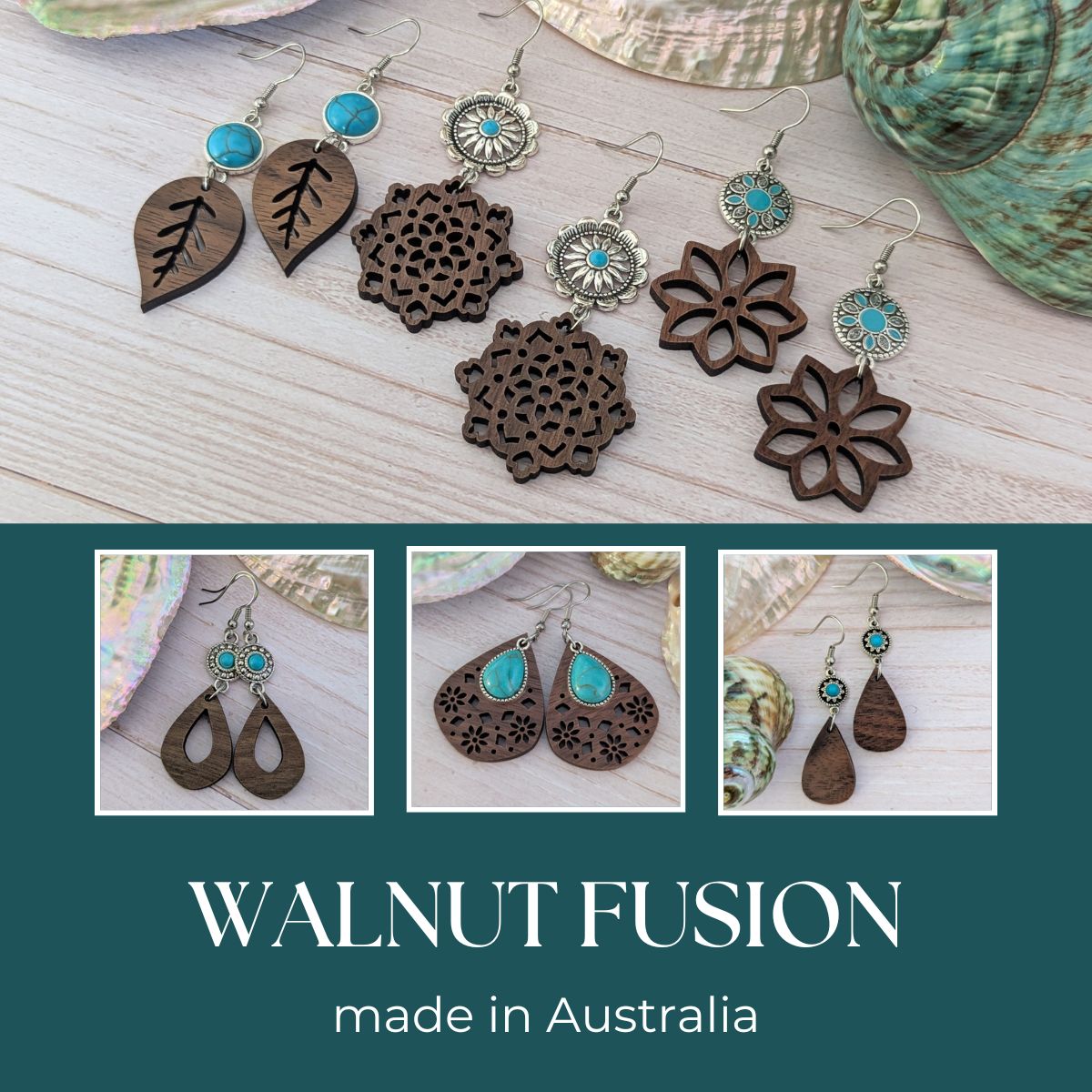 Wooden earrings with silver toned connectors and synthetic turquoise.