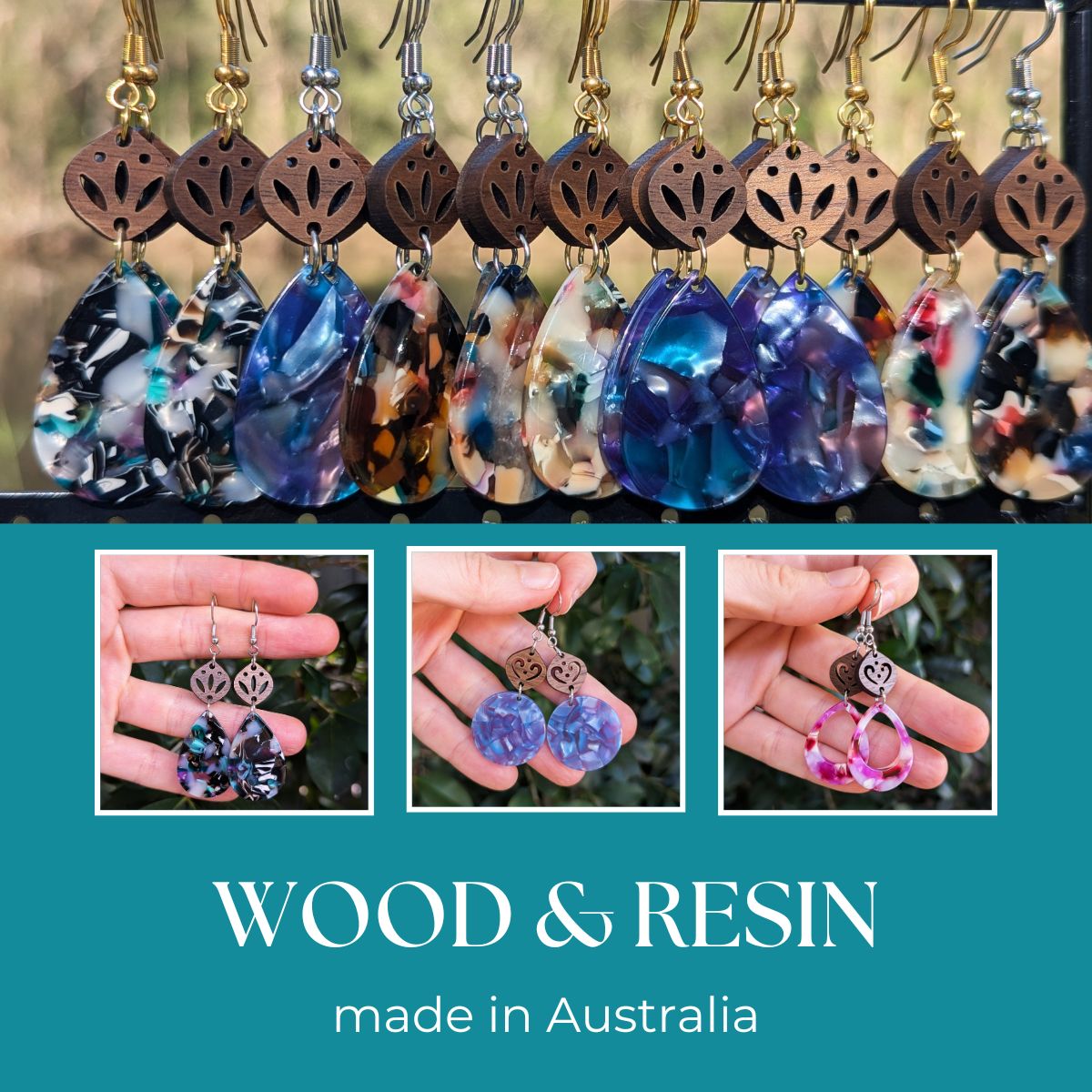 Collection image featuring a collage of wooden and resin earring photos.