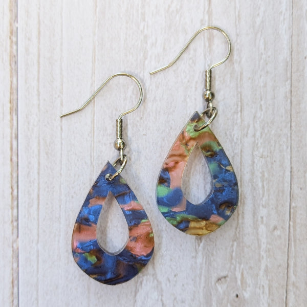Colourful acrylic teardrop earrings with stainless steel hooks.