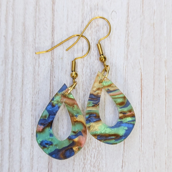 Colourful acrylic teardrop earrings with gold toned hooks.