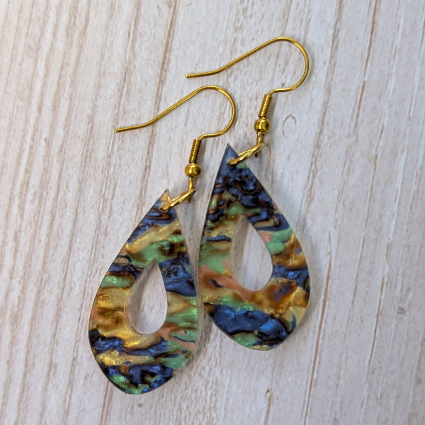 Colourful acrylic tear drop earrings with  gold toned hooks.