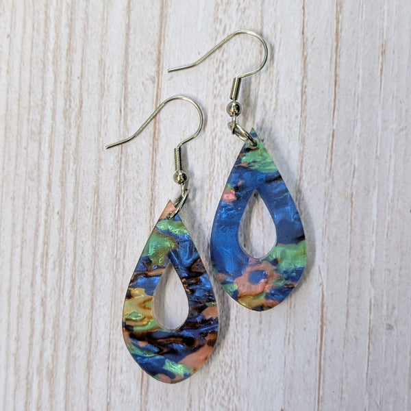 Colourful acrylic teardrop earrings with stainless steel hooks.
