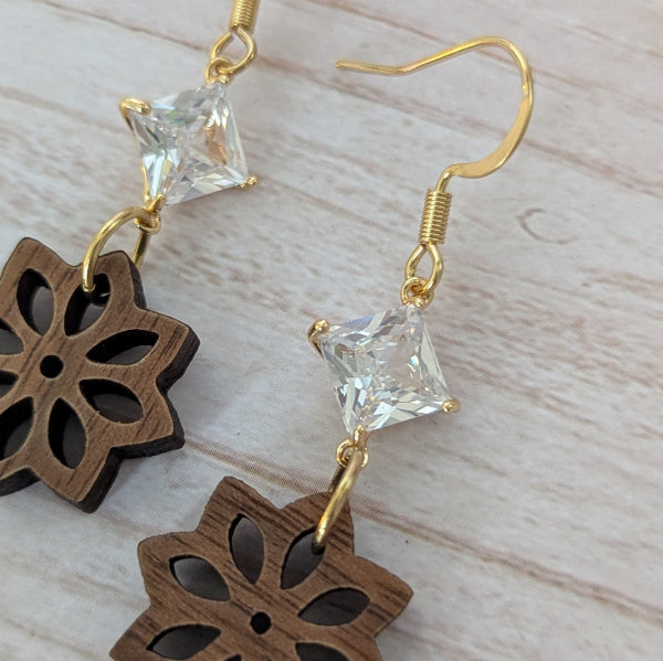 Close up of gold hooks and crystal connectors.