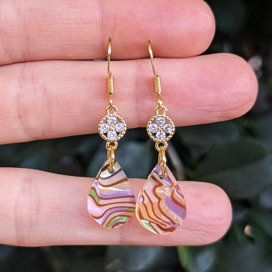 A pair of gold dangle earrings with clear crystal flower accents and teardrop-shaped iridescent acrylic pendants, held on a person's fingers against a blurred green background.