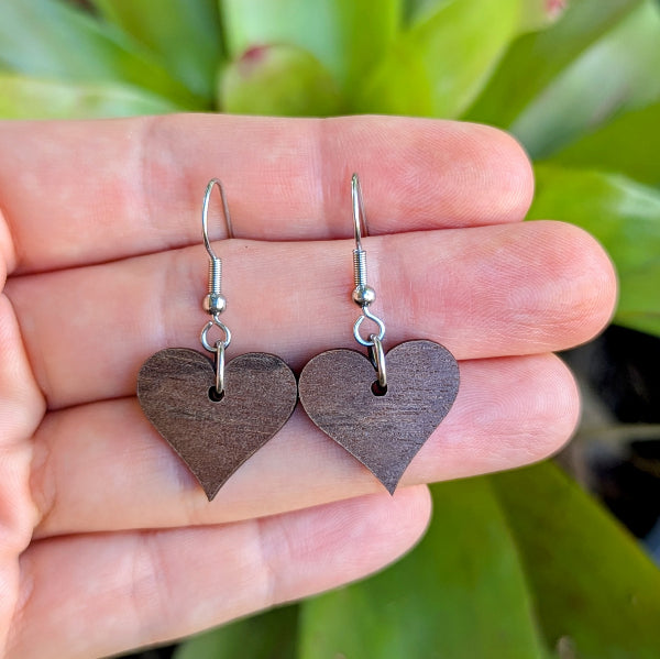 Heart-shaped earrings held in a hand with a green plant background. Stainless steel hooks.
