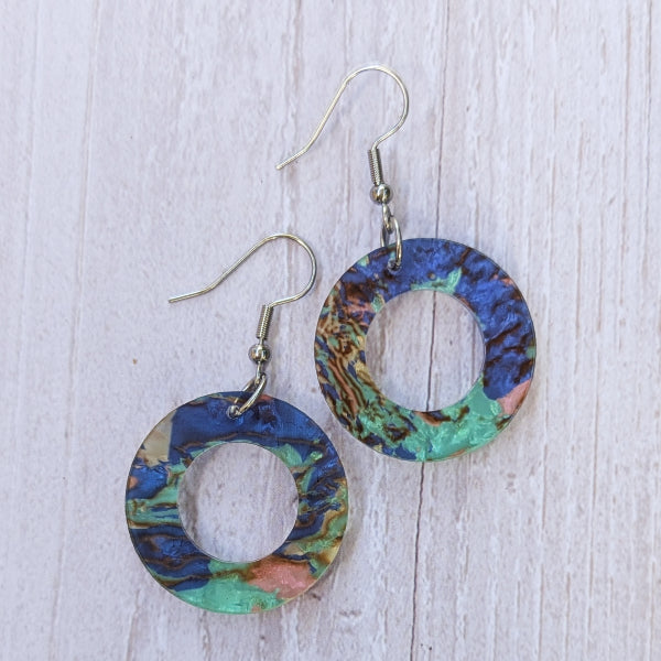 Colourful acrylic disc earrings.