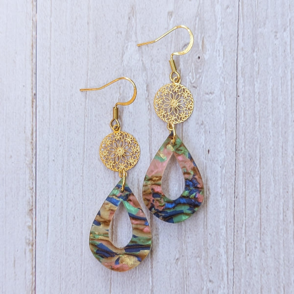 Colourful acrylic drop earrings with gold toned connectors.