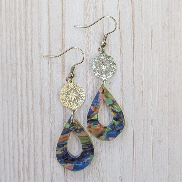 Colourful acrylic tear drop earrings with floral silver toned connectors.
