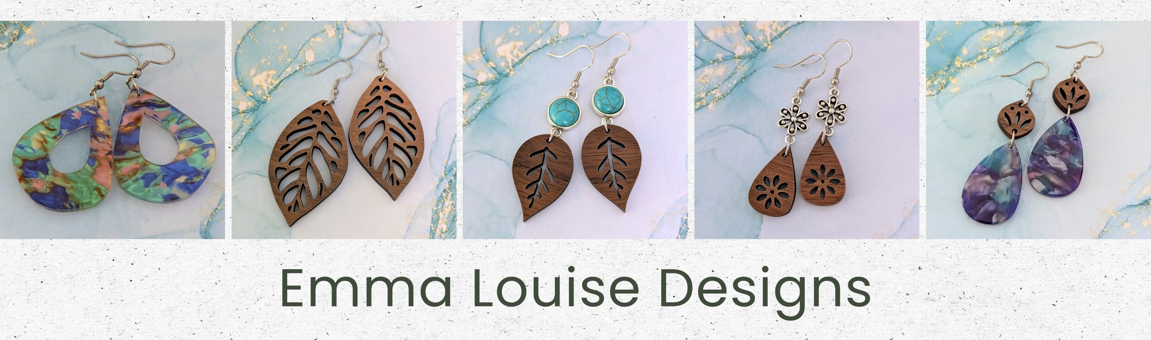 A banner showing five pairs of handmade earrings on a light marbled background, with the text 'Emma Louise Designs' underneath. The earrings include colorful marbled hoop and teardrop pieces, brown leaf-shaped wooden pieces, turquoise and brown leaf pieces, silver and brown leaf pieces, and purple marbled teardrop pieces.