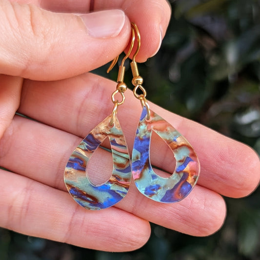 Colourful acrylic teardrop earrings with gold toned hooks.