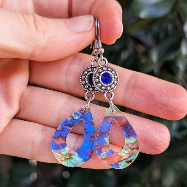 Colourful acrylic earrings with crystal connectors.