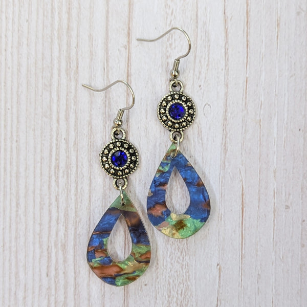 Colourful acrylic earrings with crystal connectors.