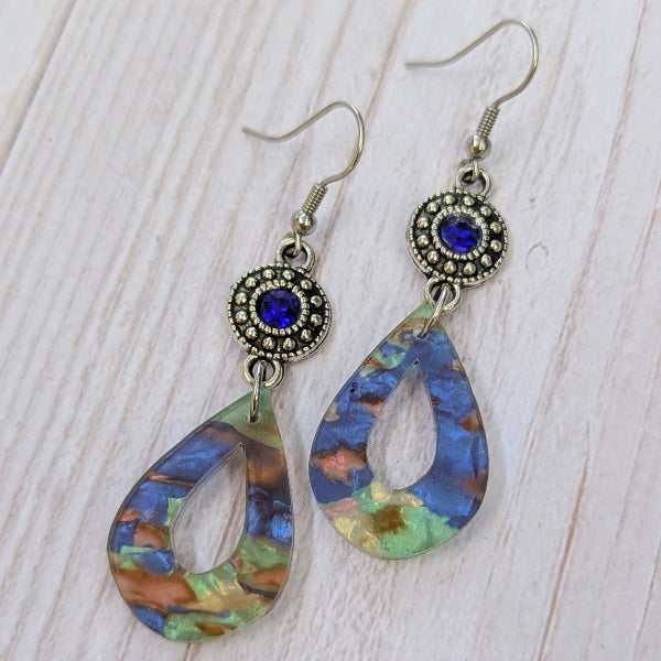 Colourful acrylic earrings with crystal connectors.