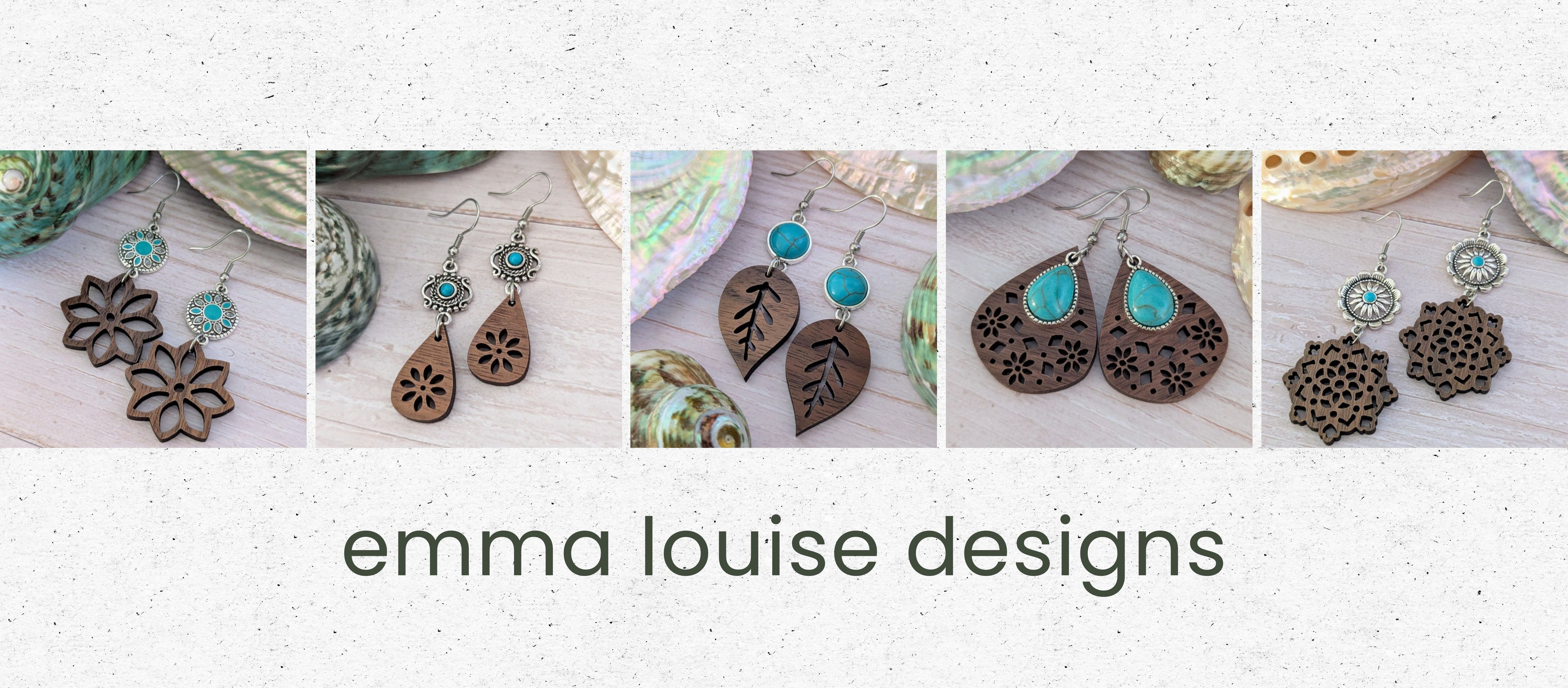 Collage of earrings with turquoise stones and wooden accents, labeled 'emma louise designs'.
