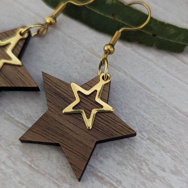 Star Drops - Gold Wooden Earrings