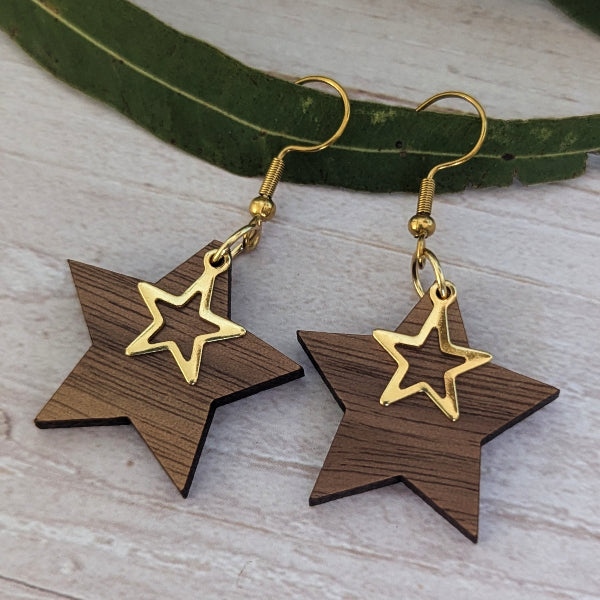 Star Drops - Gold Wooden Earrings