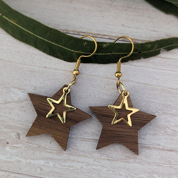 Star Drops - Gold Wooden Earrings