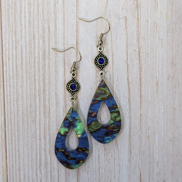 Colourful acrylic earrings with crystal silver toned connectors.