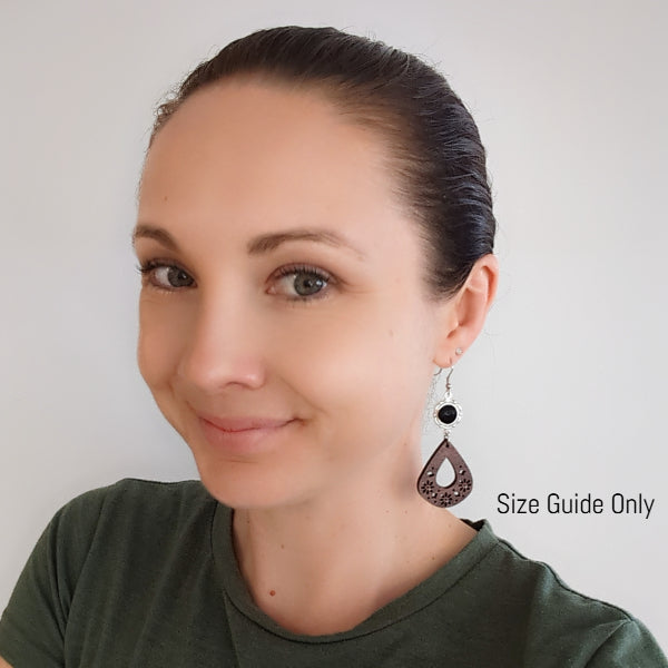 Women wearing Onyx Dangles as a size guide.