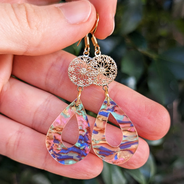 Colourful acrylic drop earrings with gold toned connectors.