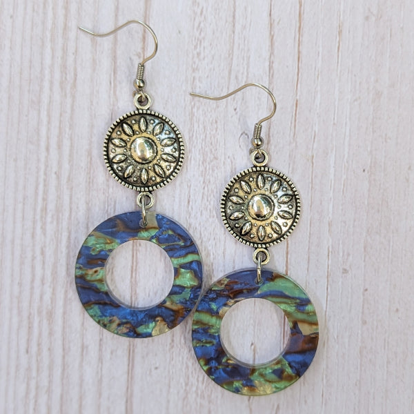 Colourful round acrylic earrings with sliver toned connectors.